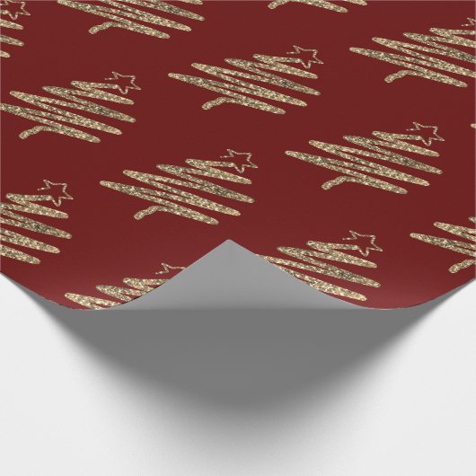 Gold Glitzer Moderner Weihnachtsbaum Rot Geschenkpapier (Ecke)