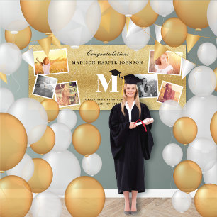 Gold Glitzer Monogram 6 Foto Graduation Party Banner