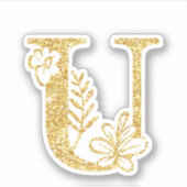Gold Glitzer Monogram Initial U Floral Aufkleber (Vorderseite)