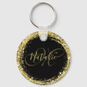 Gold Glitzer Monogram Name Black Glamour Schlüsselanhänger (Rückseite)