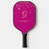 Gold Glitzer & Monogram, Name des weißen Drehbuchs Pickleball Schläger (Vorderseite)