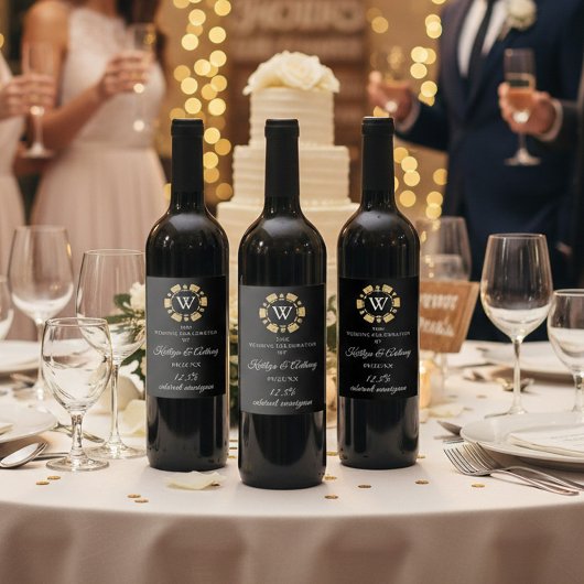 Gold Glitzer Monogram Poker Chip Casino Hochzeit Weinetikett