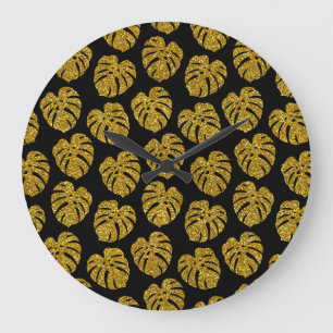Gold Glitzer Monstera Schwarzer Hintergrund Große Wanduhr