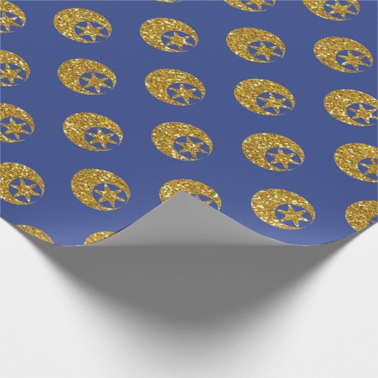 Gold Glitzer Moon and Stars Muster auf blau Geschenkpapier (Ecke)