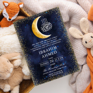 Gold Glitzer Moon Watercolor Space Islamic Aqiqa Einladung