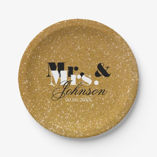 Gold Glitzer Mr. and Mrs. wedding paper Tellers Pappteller (Vorderseite)