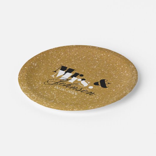 Gold Glitzer Mr. and Mrs. wedding paper Tellers Pappteller (Schrägansicht)