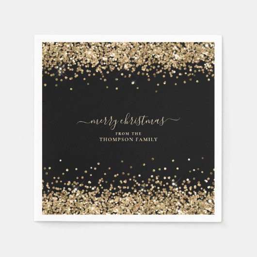 Gold Glitzer Name Black Frohe Weihnachten Serviette (Vorderseite)
