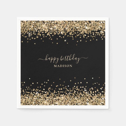 Gold Glitzer Name Black Happy Birthday Serviette (Vorderseite)