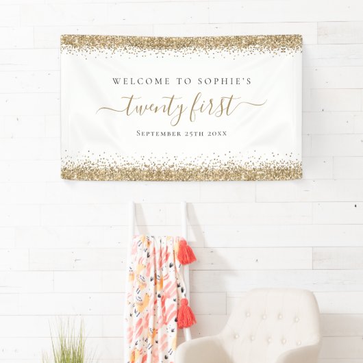 Gold Glitzer Name Datum Willkommen am 21. Banner (Insitu)
