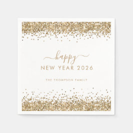 Gold Glitzer Name White Happy New Year 2026 Serviette