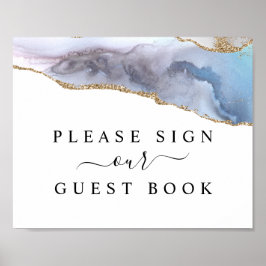 Gold Glitzer & Navy Blue Agate Guest Book Sign Poster