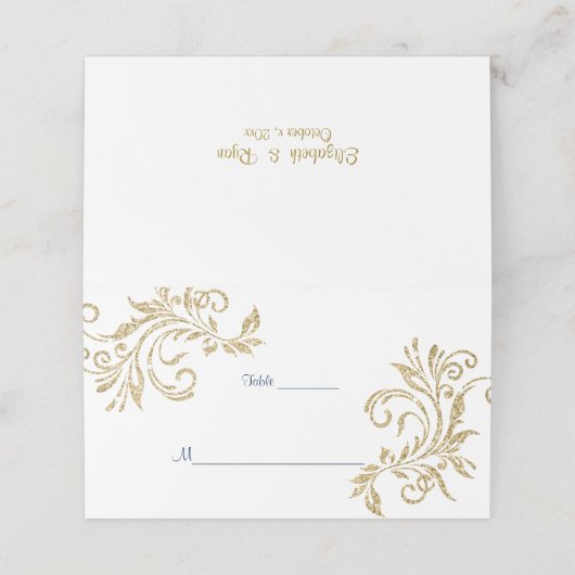 Gold Glitzer, Navy Blue, Custom Platzkarte (Außenseite Aufgefaltet)