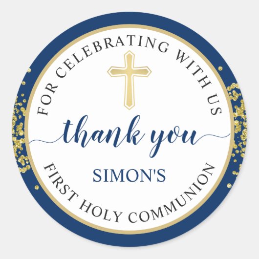 Gold Glitzer Navy Blue First Communation Vielen Da Runder Aufkleber (Vorderseite)