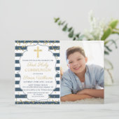 Gold Glitzer Navy Blue First Heilige Kommune Foto Einladung (Stehend Vorderseite)