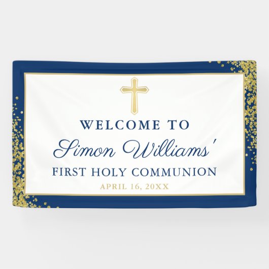 Gold Glitzer Navy Blue First Heilige Kommunion Ban Banner (Horizontal)