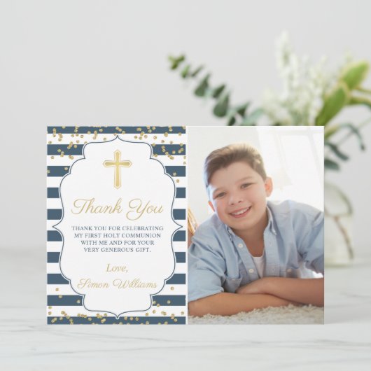 Gold Glitzer Navy Blue Heilige Kommune Vielen Dank Einladung (Stehend Vorderseite)