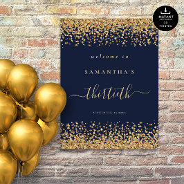 Gold Glitzer Navy Blue Script Willkommen 30. Party Poster
