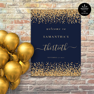 Gold Glitzer Navy Blue Script Willkommen 30. Party Poster