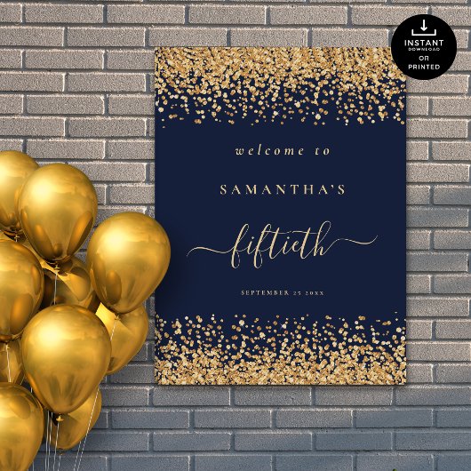 Gold Glitzer Navy Blue Script Willkommen 50. Party Poster