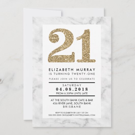 GOLD GLITZER NUMBER 21 21st INVITE einfaches Marmo Einladung (Vorderseite)