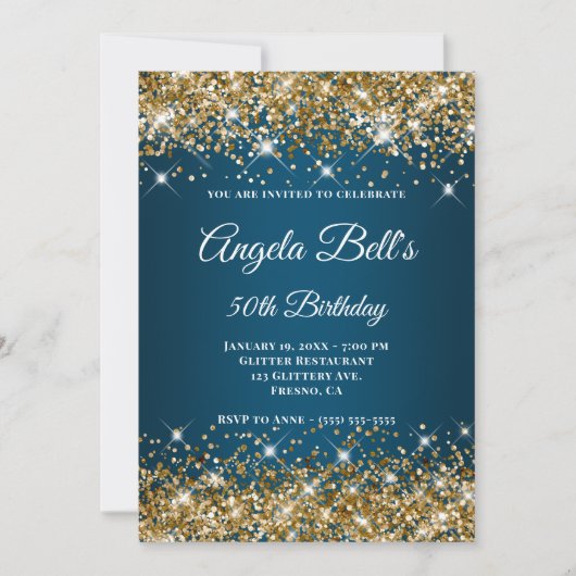 Gold Glitzer Ocean Blue Ombre Extravagant Monogram Einladung (Vorderseite)