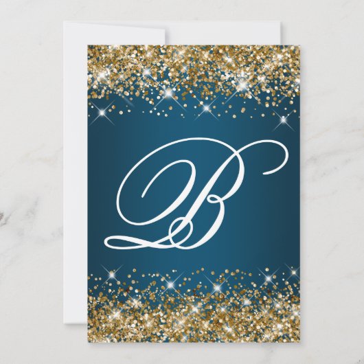 Gold Glitzer Ocean Blue Ombre Extravagant Monogram Einladung (Rückseite)