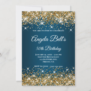 Gold Glitzer Ocean Blue Ombre Extravagant Monogram Einladung