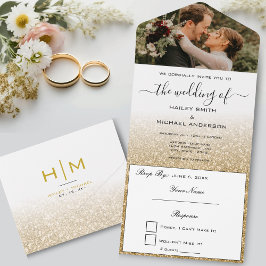 Gold Glitzer Ombre Elegant Modernes Foto Hochzeit All In One Einladung