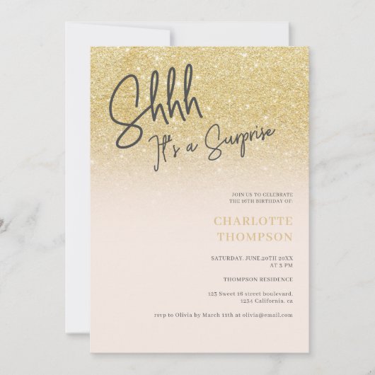Gold Glitzer ombre rosa Foto Überraschung Sweet 16 Einladung (Vorderseite)