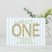 GOLD GLITZER ONE Blue Strip 1. Party Einladung (Stehend Vorderseite)