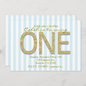 GOLD GLITZER ONE Blue Strip 1. Party Einladung (Vorne/Hinten)