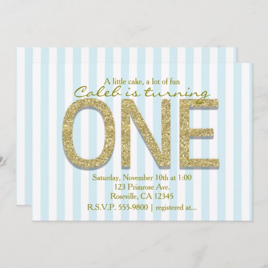 GOLD GLITZER ONE Blue Strip 1. Party Einladung (Vorne/Hinten)