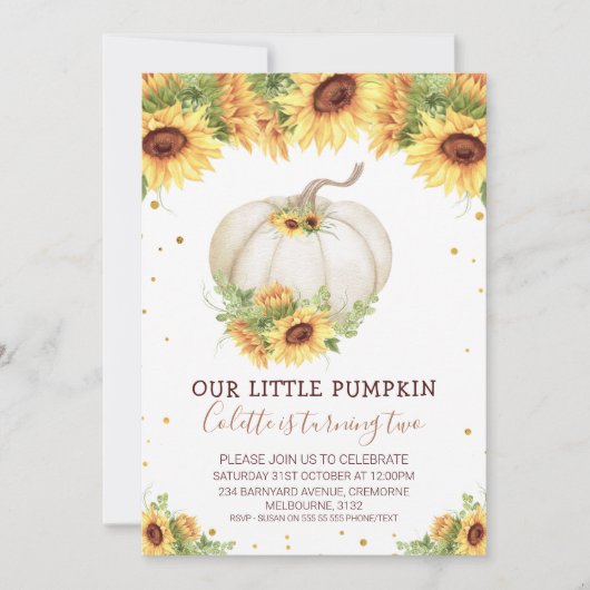 Gold Glitzer One Sunflower Pumpkin Birthday Invita Einladung (Vorderseite)