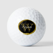 Gold Glitzer Oval Monogramm Schwarz-weißer Name Golfball (Vorderseite)