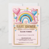 Gold Glitzer Pastel Hearts und Rainbow Baby Dusche Einladung (Vorderseite)
