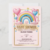 Gold Glitzer Pastel Hearts und Rainbow Baby Dusche Einladung (Vorderseite)