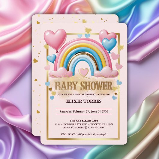 Gold Glitzer Pastel Hearts und Rainbow Baby Dusche Einladung
