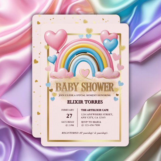 Gold Glitzer Pastel Hearts und Rainbow Baby Dusche Einladung