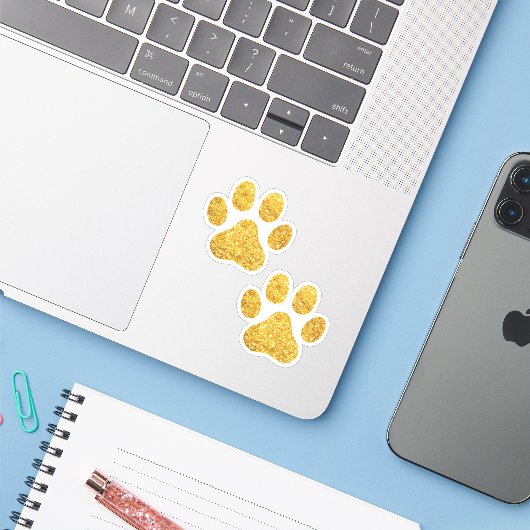 Gold Glitzer Paw Prints Pet Lover Aufkleber (Laptop mit iPhone)