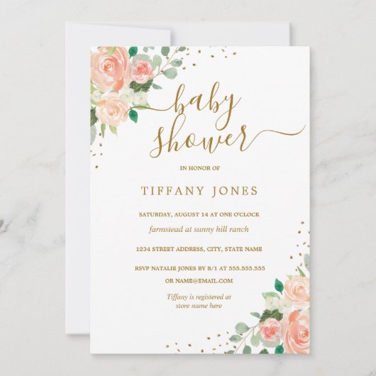 Gold Glitzer Peach Floral Girl Kinderdusche Einlad Einladung (Vorderseite)