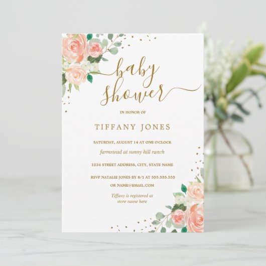 Gold Glitzer Peach Floral Girl Kinderdusche Einlad Einladung (Stehend Vorderseite)
