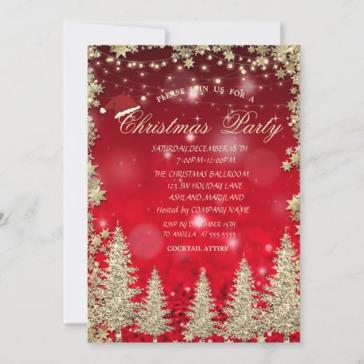 Gold Glitzer Pine Tree, Stars Red Bokeh Company Einladung (Vorderseite)