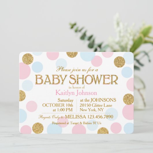 Gold Glitzer Pink Baby Blue Dots Baby Dusche Einladung (Stehend Vorderseite)