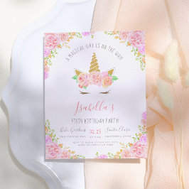 Gold Glitzer & Pink Blume Einhorn Geburtstagsparty Einladungspostkarte