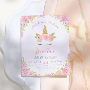 Gold Glitzer & Pink Blume Einhorn Geburtstagsparty Einladungspostkarte