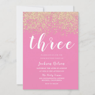 Gold Glitzer Pink Girls 3. Geburtstag Party Einladung