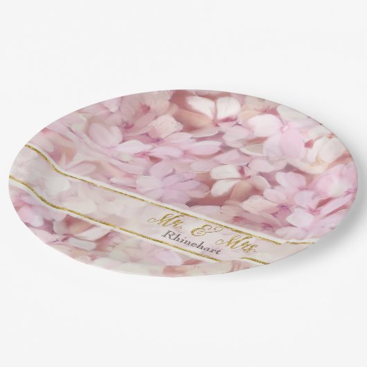 Gold Glitzer Pink Hydrangea Blume Mr. und Mrs. Pappteller (Schrägansicht)