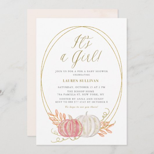 Gold Glitzer Pink Pumpkins Es ist eine Girl Baby D Einladung (Vorne/Hinten)