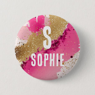 Gold Glitzer Pink Spritzer Monogram Personalisiert Button